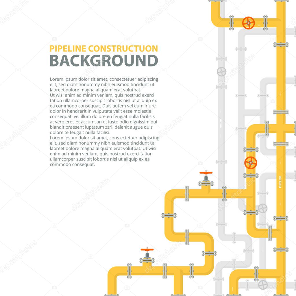 Industrial background with yellow pipeline. Oil, water or gas pipeline with fittings and valves. Vector illustration in a flat style.