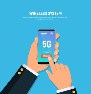 Kişi elinde tutan telefon ile 5g Close-up ekranda bağlayın. Yüksek hızlı mobil teknoloji. Kablosuz sistem kavramı.