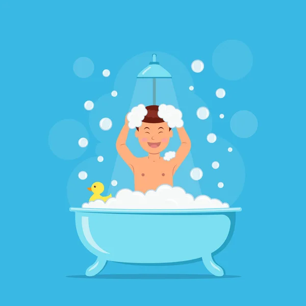 Feliz chico duchándose. Niño en baño con burbujas de jabón y pato sobre fondo azul. Ilustración vectorial en estilo plano — Archivo Imágenes Vectoriales