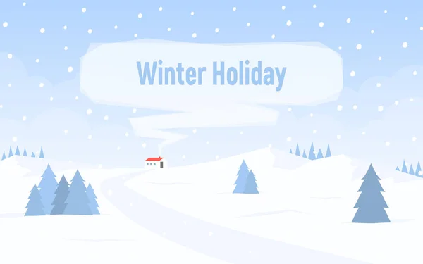 Invierno paisaje nevado con colinas. Casa con techo rojo y humo de la chimenea para texto. Vacaciones de invierno. Ilustración vectorial en estilo plano . — Vector de stock
