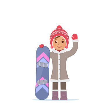 Sevimli kız snowboard ve sallanan el tebrik tutun. Kış spor, snowboard. Düz stil vektör çizim.