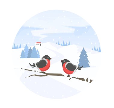 Kış manzarası ve bullfinches dalı. Kış tatili. Noel afiş. Düz stil vektör çizim.