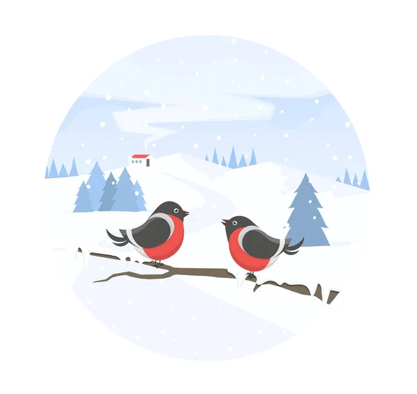 Kış manzarası ve bullfinches dalı. Kış tatili. Noel afiş. Düz stil vektör çizim. — Stok Vektör