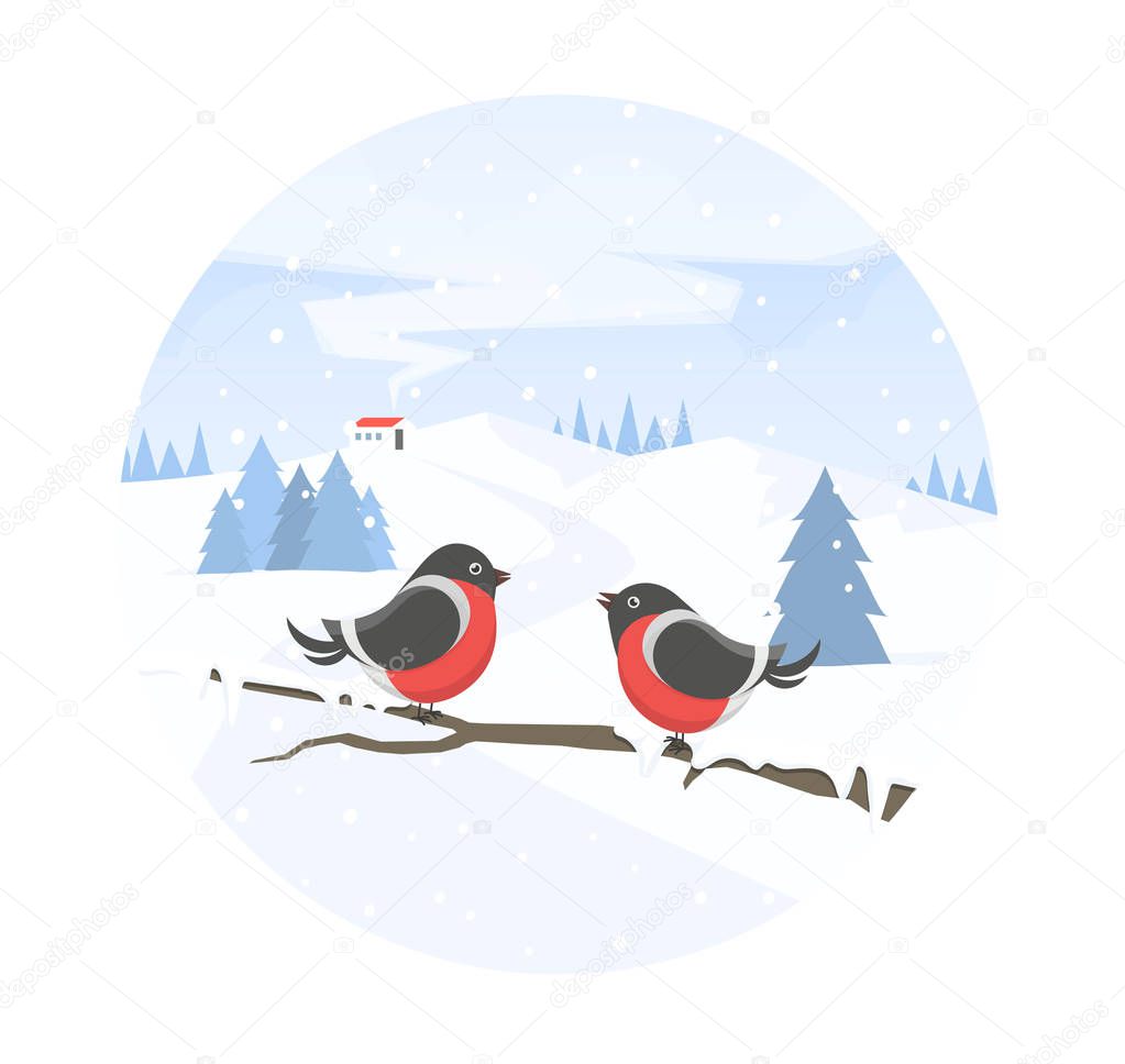 Winter landscape and bullfinches on branch. Winter holiday. Christmas banner. Vector illustration in flat style.