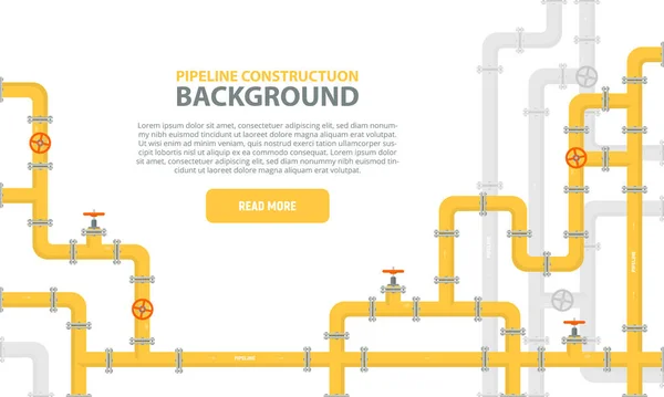 Промышленный фон с желтым трубопроводом. Нефтепровод, водопровод или газопровод с арматурой и клапанами. Шаблон веб-баннера. Векторная иллюстрация в плоском стиле . — стоковый вектор