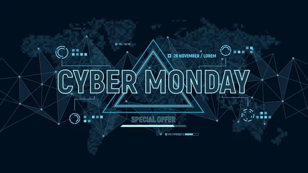 Banner futurista moderno para Cyber Monday em segundo plano com estrutura de conexão de polígonos e mapa do mundo em pixels. Venda de desconto, compras on-line e conceito de marketing. Ilustração vetorial — Vetor de Stock