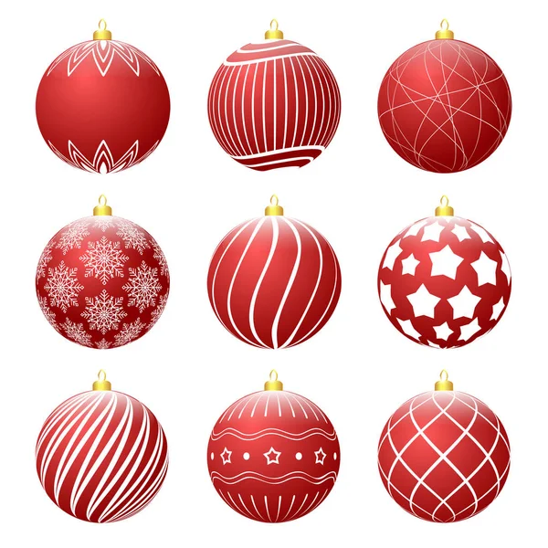 Set roter Weihnachtskugeln mit unterschiedlichen Texturen. Weihnachtsbaumkugel mit weißen Mustern. Vektorillustration — Stockvektor