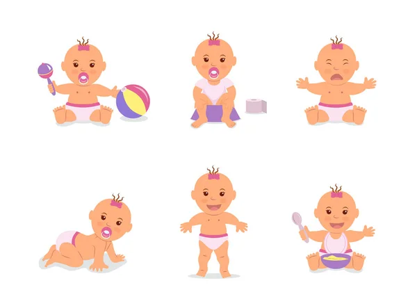Cartoon ingesteld met schattige baby in luier. Happy baby spelen met speelgoed, baby leren lopen, kind huilen, baby zit op het potje, kind kruipen op de vloer. Vectorillustratie in vlakke stijl. — Stockvector