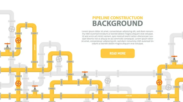 Industrieller Hintergrund mit gelber Pipeline. Öl-, Wasser- oder Gasleitungen mit Armaturen und Ventilen. Web-Banner-Vorlage. Vektor-Illustration im flachen Stil. — Stockvektor