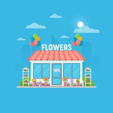 Çiçek dükkanı bina cephe. Çiçekçi dükkanı değişik çiçek vazolar üzerinde şehir manzarası ile. Vektör çizim.