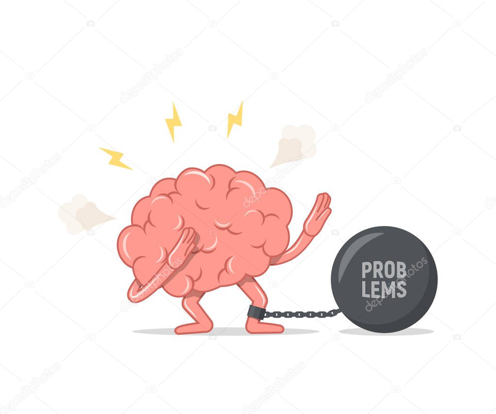 Depressed brain chained and shackled a iron prison ball. Concept of stress and problems. Vector illustration in flat style.