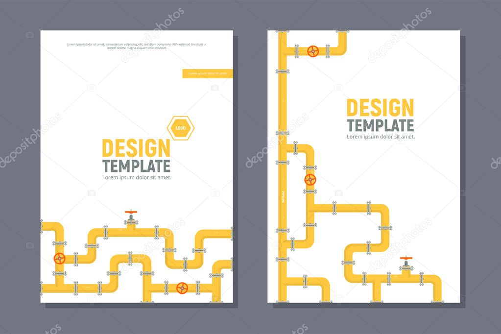 Industrial templates cover design in A4 size. Yellow pipeline. Oil, water or gas pipeline with fittings and valves. Vector illustration in a flat style.