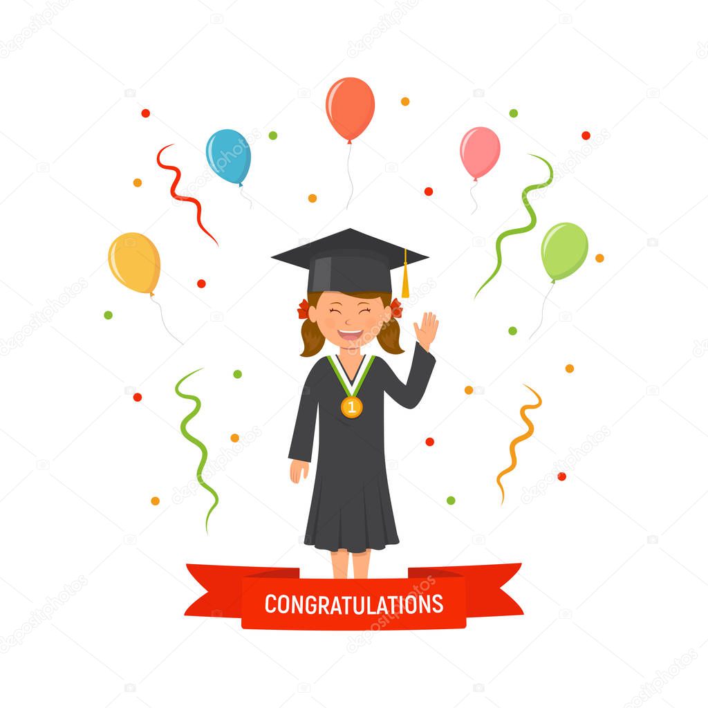 Girl student with graduation gown and hat. Graduations concept ceremony. Student with medal. Congratulation banner. Vector illustration in flat style.