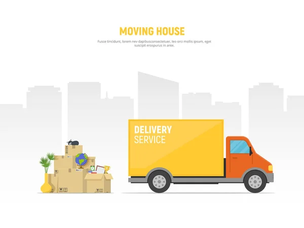 Koncepció mozgó ház. Bolyhos karton dobozok, teherautó városkép háttér. Áthelyezik az új otthon vagy az irodában. A lapos stílusú vektoros illusztráció. — Stock Vector