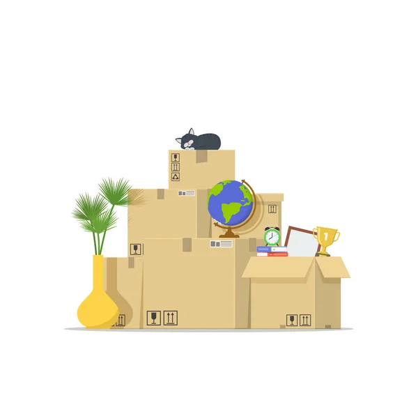 Icon pile of stacked cardboard boxes. Concept moving house. Relocation to apartment. Delivery service. Vector illustration in flat style. — Stock Vector