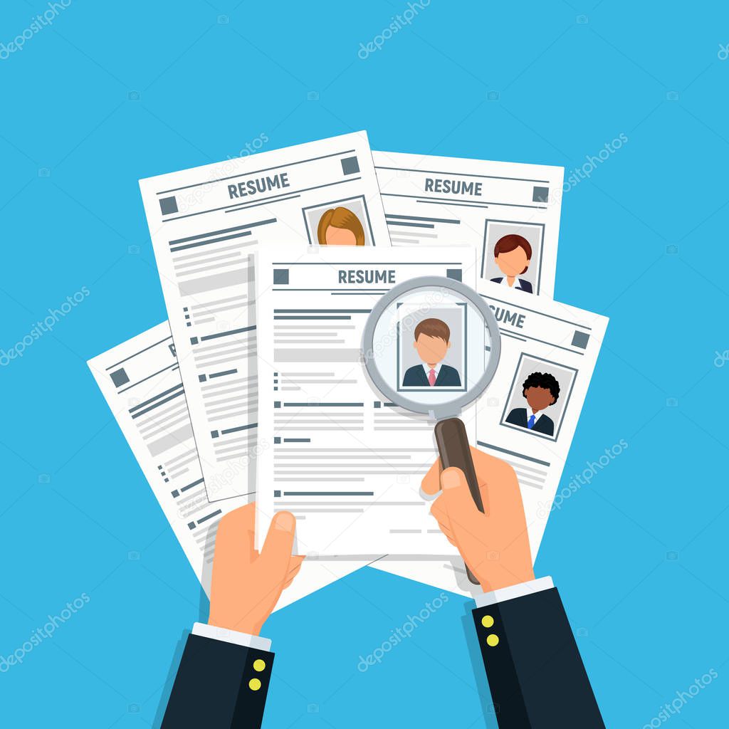 Hands businessman with resume CV and magnifying glass. Analyzing personnel resume. Hiring concept. Recruitment and human resources management. Vector illustration in flat style.