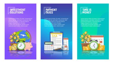 Mobil sayfalar şablonları iş kavramları kümesi. Yatırım çözümleri. Ödeme vergi. Vakit nakittir. Sıvı degrade arka plan ve düz simgeler. Vektör çizim.