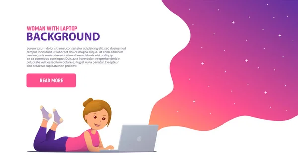 Girl working with laptop. Shopping, learning, communication, e-commerce. Trendy modern background for landing page design with bright neon splash. Vector illustration.