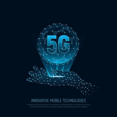 Holografik sembolü 5g ile sanal el. Yeni kablosuz internet bağlantısı. Yenilikçi 5g mobil teknoloji. Concept Sci-Fi tasarım arka plan. Vektör Illustration.