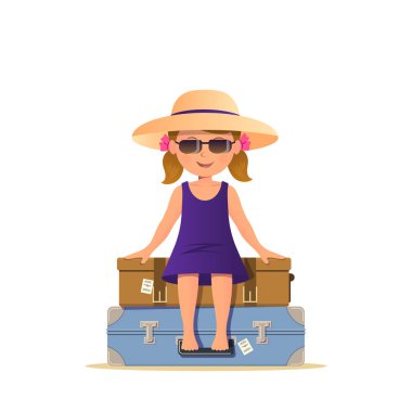 Güneş gözlüğü üzerinde oturan sevimli kız yığını bavullar. Seyahat ve tatil konsepti. Şık renkli vektör illüstrasyon Bagaj ile çocuk.