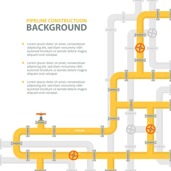 Fondo industrial con tubería amarilla. Gasoducto de petróleo, agua o gas con accesorios y válvulas. Plantilla de banner web. Ilustración vectorial en un estilo plano . — Archivo Imágenes Vectoriales