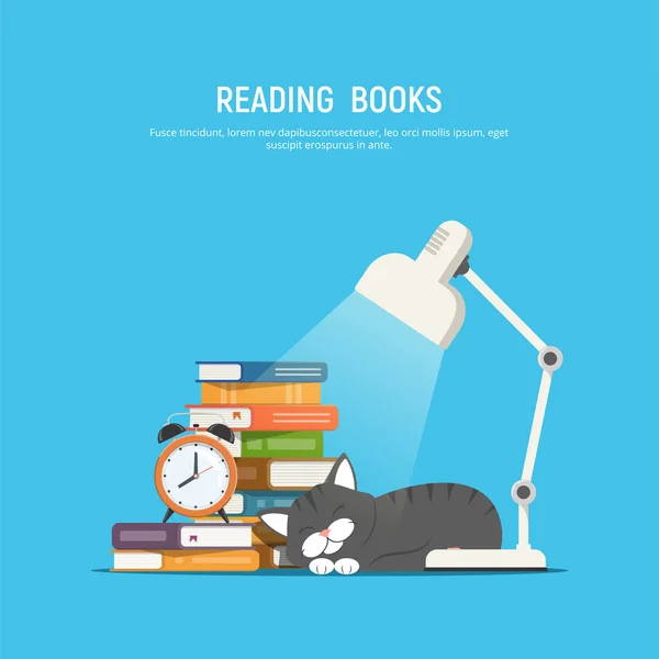 Leyendo libros. Montón de libros, lámpara de mesa, gato dormido y despertador. Leyendo literatura casera. Ilustración vectorial en estilo plano . — Archivo Imágenes Vectoriales