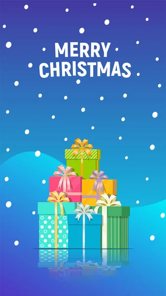 用于社交媒体的垂直圣诞模板。圣诞横幅堆叠在蓝色渐变背景上的礼品盒。冬季假期与堆礼物。矢量插图. — 图库矢量图片