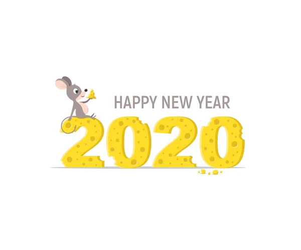 卡通老鼠吃奶酪坐在数字2020。象征新年。横幅或贺卡的新年背景。平面样式中的矢量插图. — 图库矢量图片