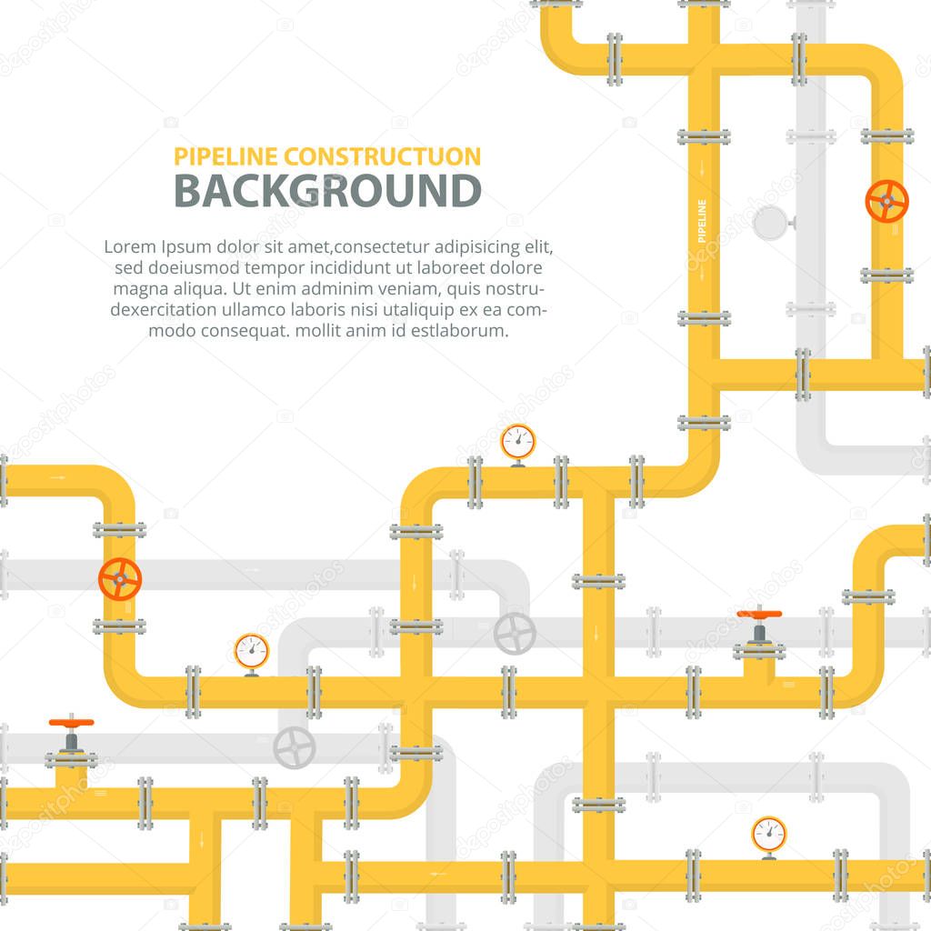 Industrial background with yellow pipeline. Oil, water or gas pipeline with fittings and valves. Web banner template. Vector illustration in a flat style.