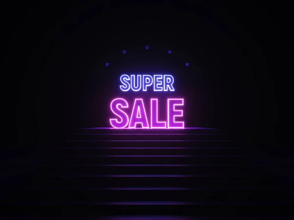 Panji Neon super sale. Tanda tangan super sale di lampu neon di podium. Ungu dan cahaya biru. Ilustrasi 3d. Rancangan trendi render 3d . — Stok Foto