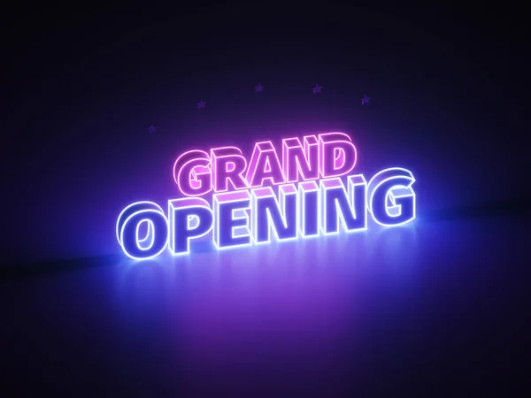 Neon Grand öppning banner stil. Skylt invigning i neonljus på pallen. Lila och blått sken. 3D Isometrisk illustration. 3D-rendering. — Stockfoto