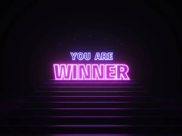 Neon zwycięzca banner. Zarejestruj się, że jesteś zwycięzcą w neonowym świetle na podium. Purpurowy i niebieski blask. ilustracji 3D. Renderowanie 3D. — Zdjęcie stockowe