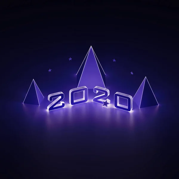 Isométrico 3d renderizar 2020 año, árboles de Navidad y estrellas en luz de neón. Fondo abstracto resplandeciente ultravioleta. Iluminación navideña. ilustración 3d . —  Fotos de Stock