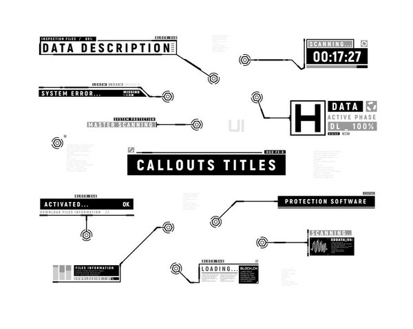 Futuristic callouts. Hud set of callout bar labels. Information callouts of lower third. Digital info boxes layout templates. Elements of hud interface. Vector illustration.