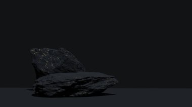 Marka ve ambalaj sunumu için altın mermer desenli lüks podyum taşı. Siyah ve altın doğal kaide. Kozmetik ve moda konsepti. 3 boyutlu görüntüleme. 3d illüstrasyon.