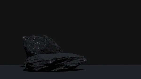 Marka ve ambalaj sunumu için altın mermer desenli lüks podyum taşı. Siyah ve altın doğal kaide. Kozmetik ve moda konsepti. 3 boyutlu görüntüleme. 3d illüstrasyon.