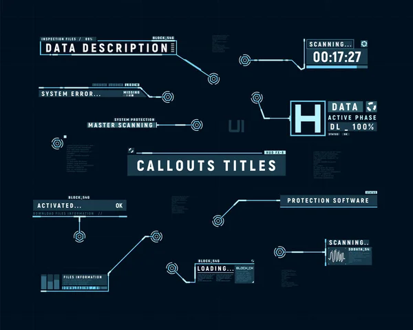 Futurystyczne wezwania. Hud zestaw etykiet bar callout. Wywiad informacyjny dolnej trzeciej części. Cyfrowe pola informacyjne szablony układów. Elementy interfejsu hud. Ilustracja wektora. — Wektor stockowy