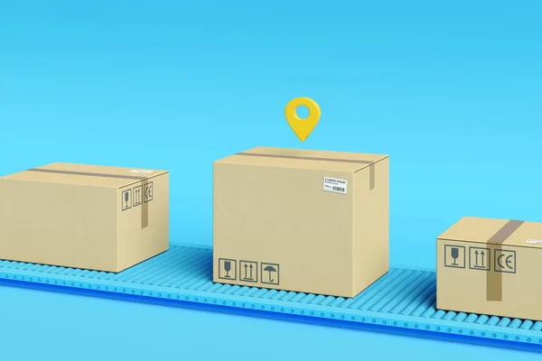 Caixas de papelão na correia transportadora. Logística, entrega e conceito de rastreamento de pedidos on-line. Composição mínima. — Fotografia de Stock