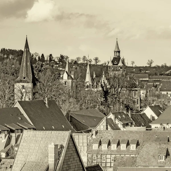 Vista Aérea Quedlinburg Com Igrejas Monumentos Monocromático — Fotografia de Stock