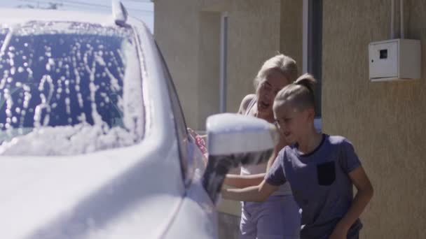 Femme avec enfants lavage de voiture — Video