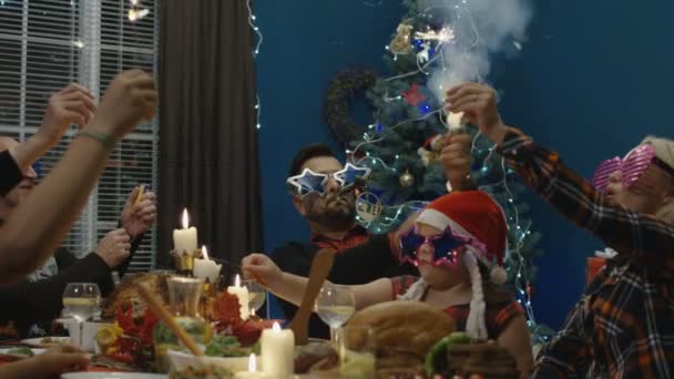 Familia juguetona celebrando la Navidad cenando — Vídeos de Stock