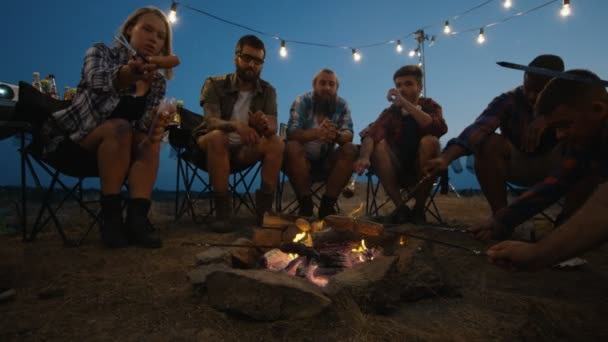 Group of traveling friends frying sausages in campsite — Stock Video