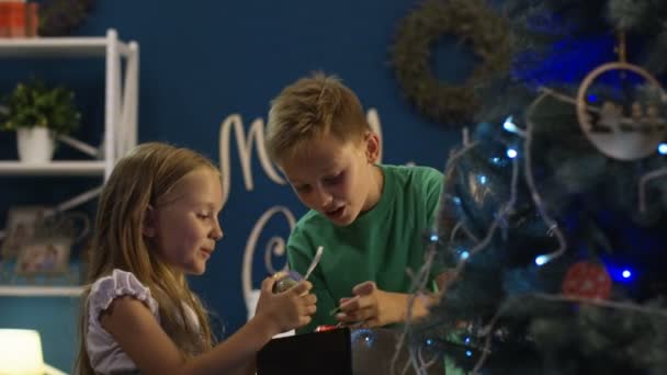 Hermanos decorando abeto Árbol de Navidad — Vídeos de Stock