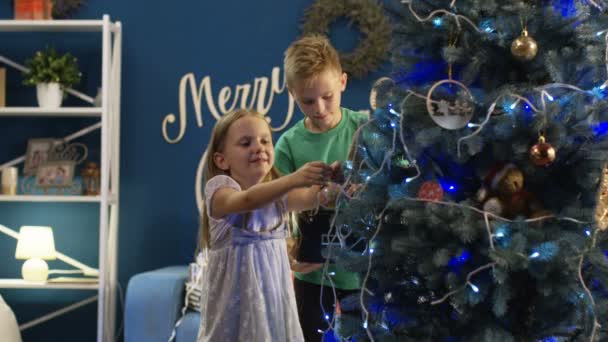 Frères et sœurs qui décorent un sapin de Noël en épicéa — Video