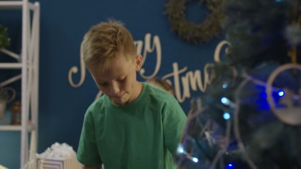 Niño decorando árbol de Navidad en casa — Vídeos de Stock