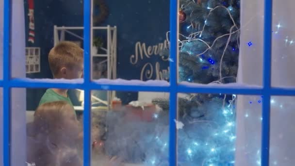 Syskon som dekorerar Gran julgran — Stockvideo