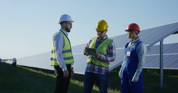 Trabalhadores conversando ementre longas fileiras de painéis solares — Vídeo de Stock