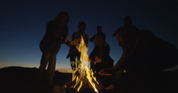 Freunde wärmen sich am Feuer — Stockvideo