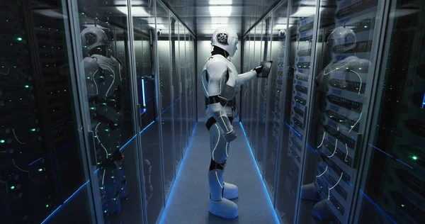 Robot androide futurista que trabaja en la sala de servidores —  Fotos de Stock