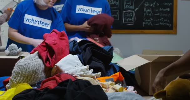 Close-up shot van een team vrijwilligers aan het werk — Stockvideo